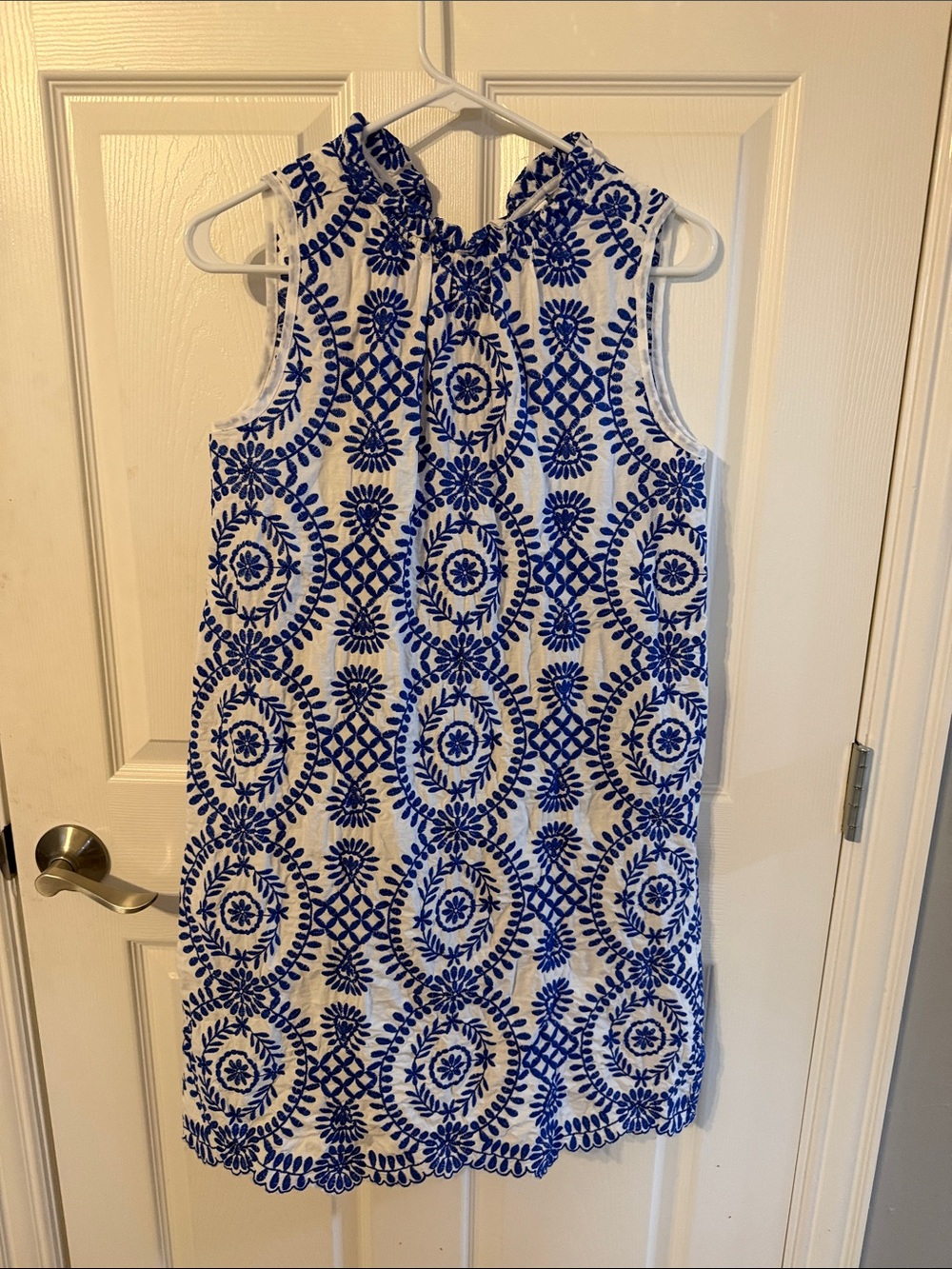 SHEIN White Mini Dress with Blue Embroidered Medallions